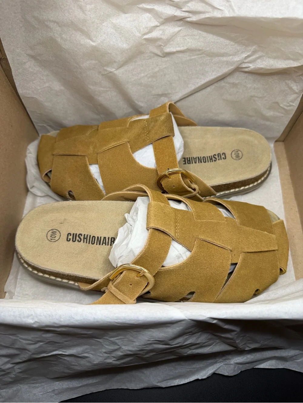 CUSHIONAIRE Tan Suede Slide Sandals with Adjustable Buckle
